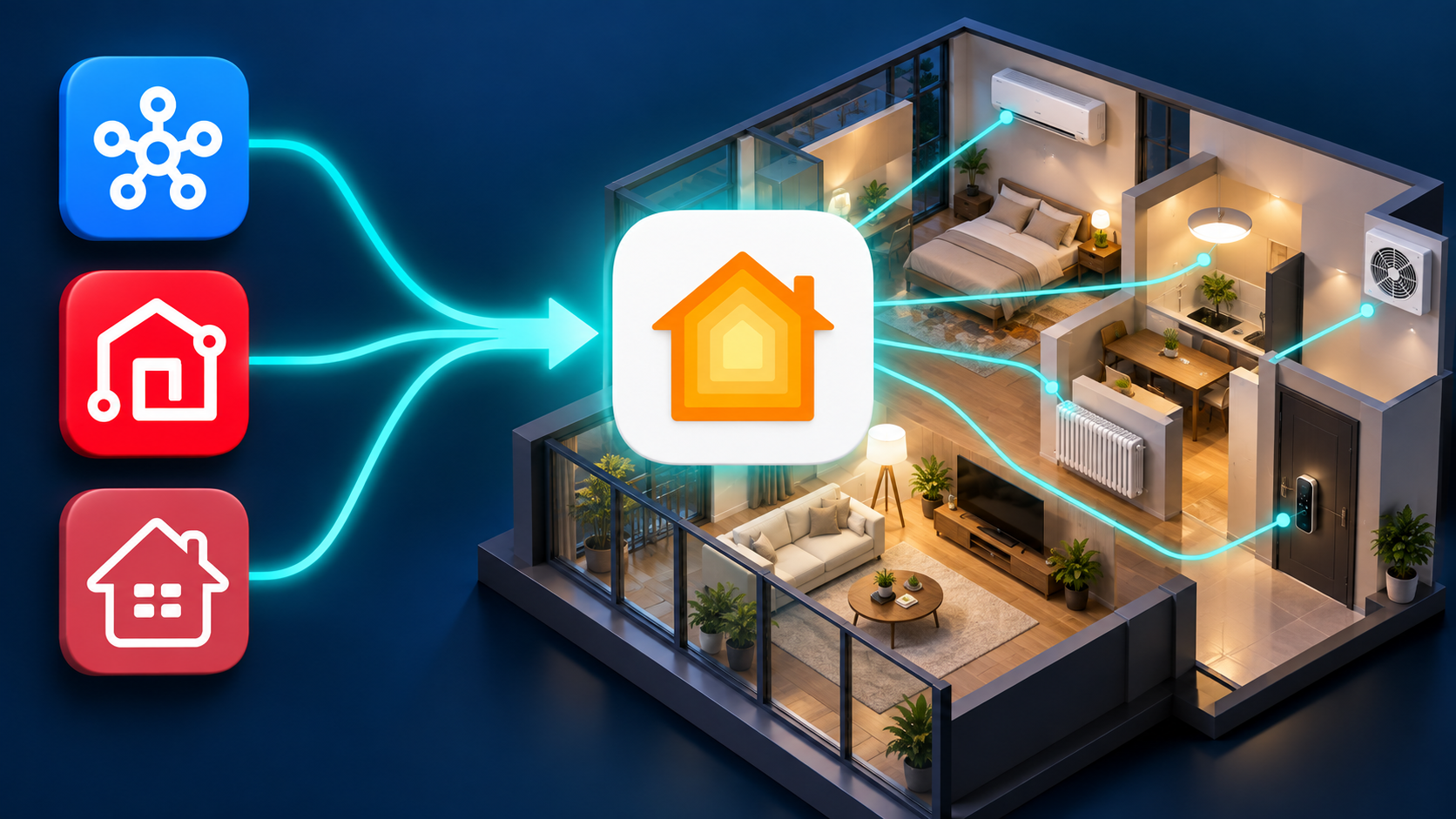 SmartThings、LG ThinQ、IMAZUの制御がApple Homeに一元化される様子を描いた生成型画像(元のアプリアイコンを活用)