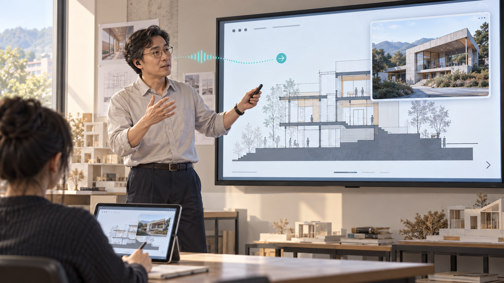 An instructor uses a spoken request to show an architecture photograph during a lesson