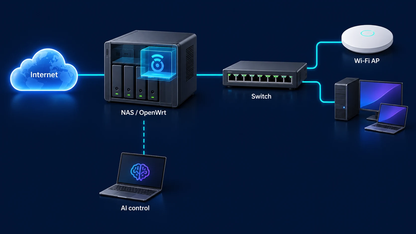인터넷, NAS OpenWrt, 스위칭 허브, 무선 AP와 별도 AI 관리 경로를 보여주는 개념도